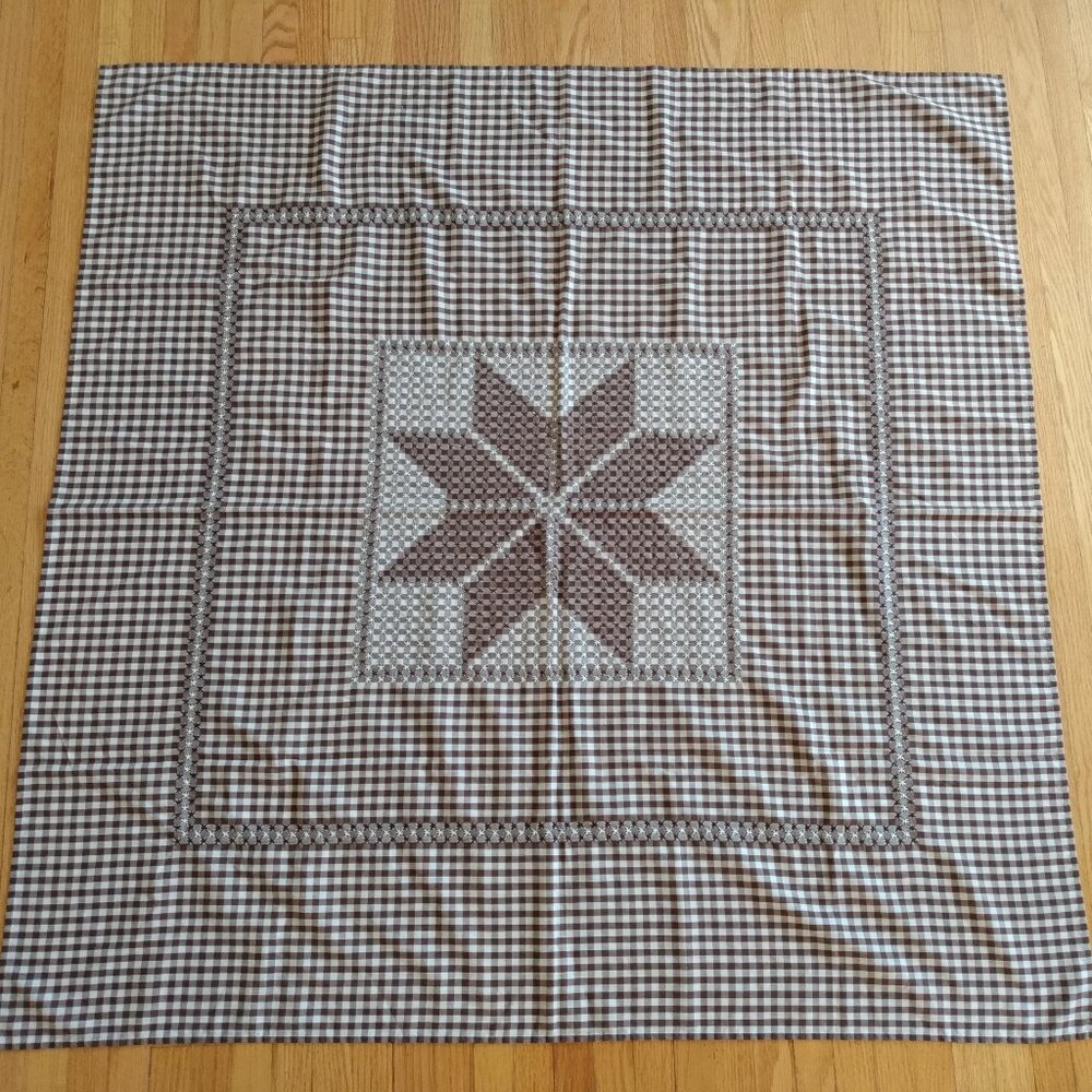 Vintage Brown Gingham Tablecloth Star Handmade Cottagecore Farmhouse Decor